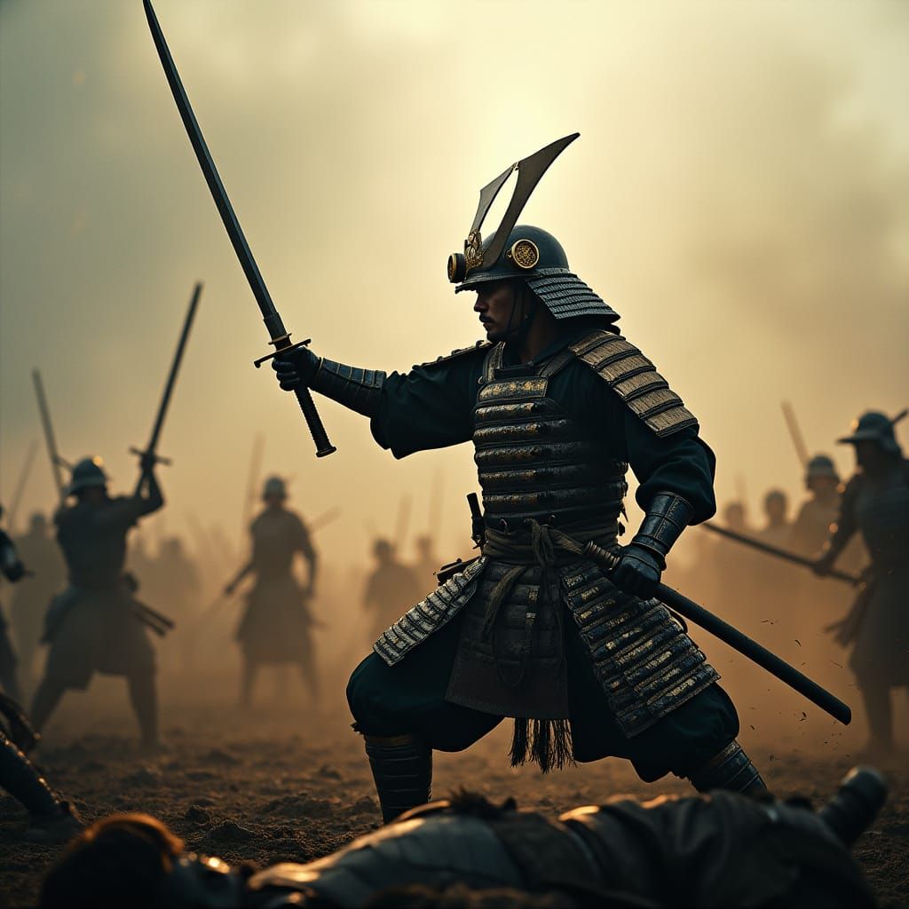 Samurai in Midst of Epic Battle, Ready to Strike