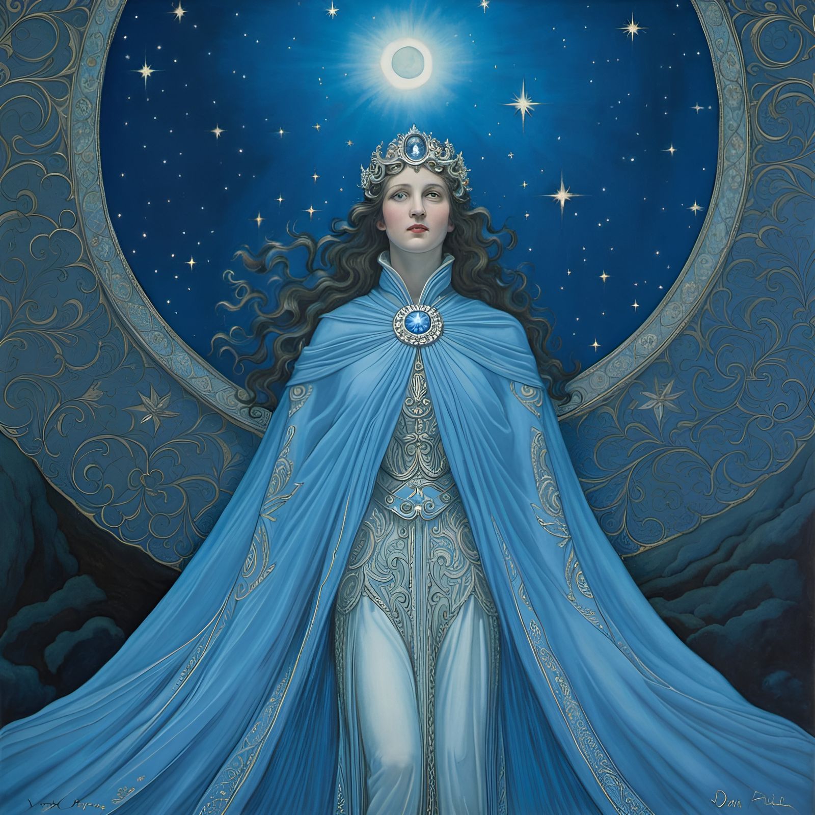 Blue Cloak Woman in Dreamlike Fantasy Sky