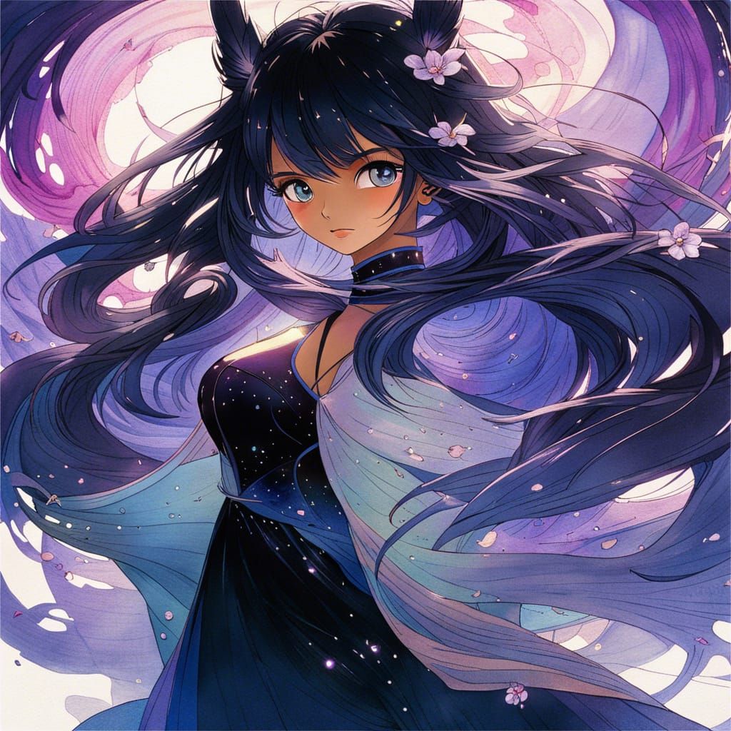 Watercolor Painting of Girl with Dragon in Tokyo