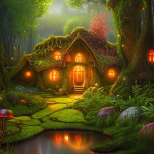 Enchanted Woodland Scene with Fireflies and Fairies