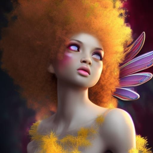 Fairy, with afro,  Hyperrealistic, no distortion, splash art, concept art, mid shot, pretty face, intricately detailed, ...