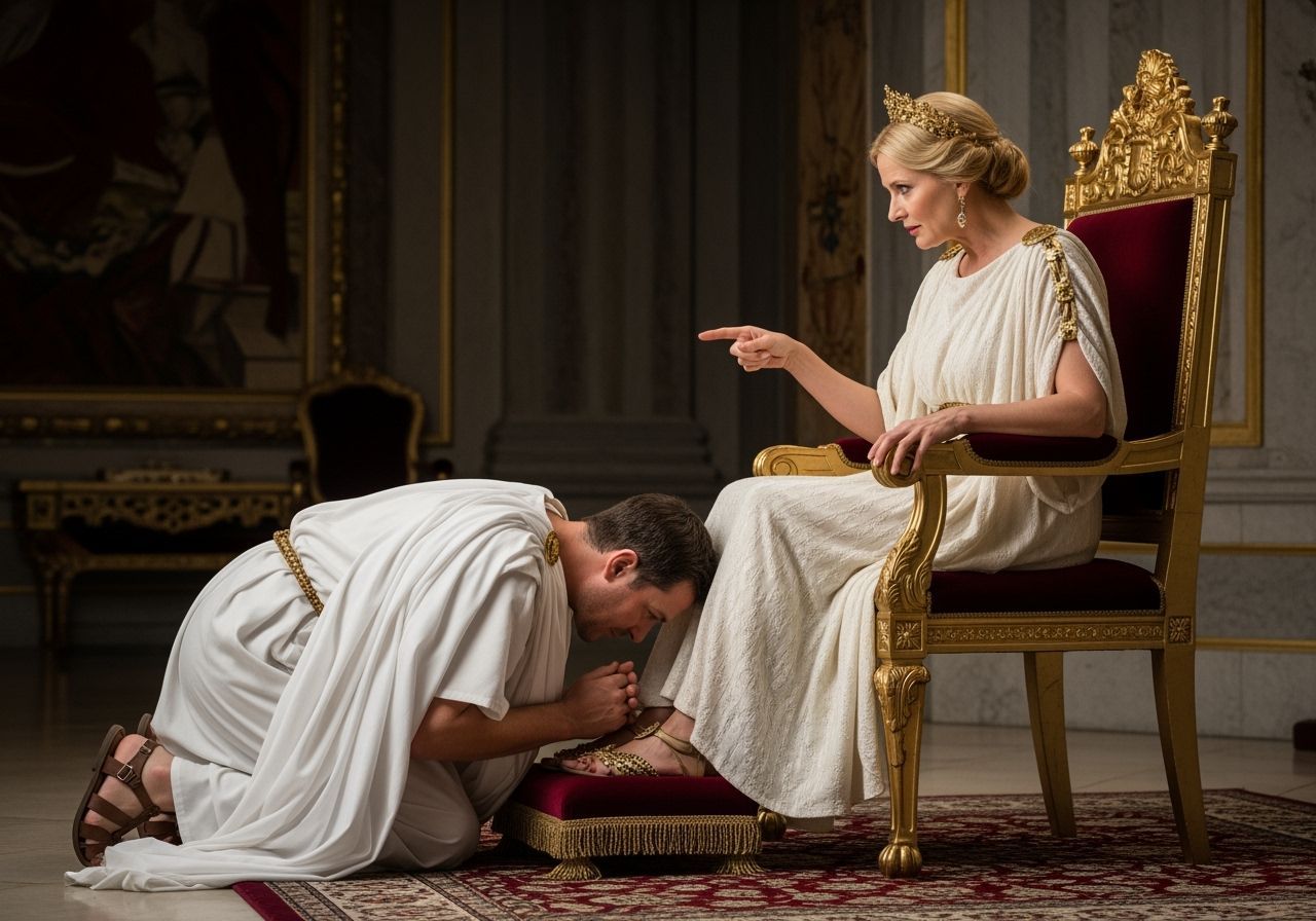 Roman Senator Kneels Before Empress: Evocative Portrait
