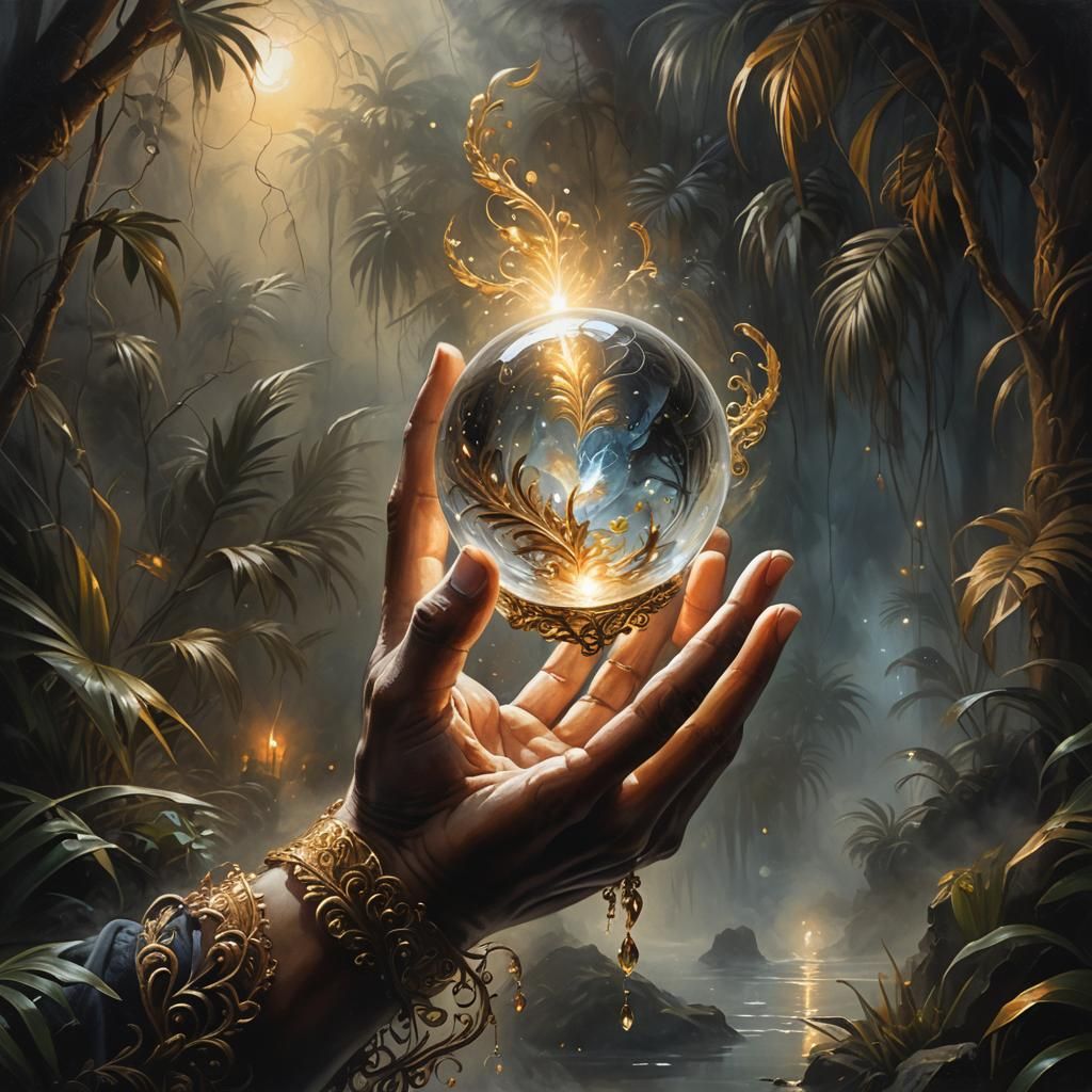 Mysterious Hand Holding Glowing Orb in Oil Painting