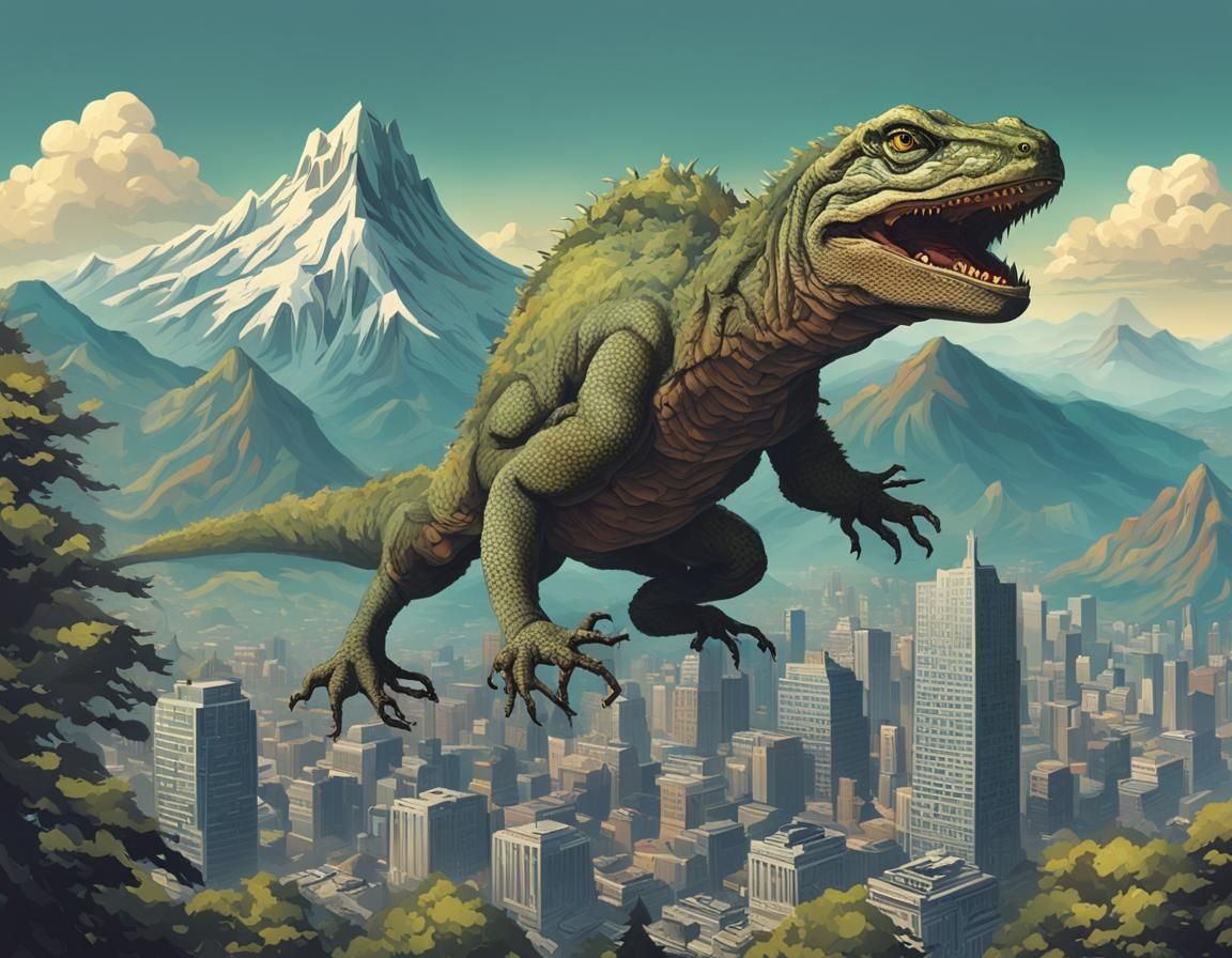 Giant Lizard Attacks City in Tree, Retro Sci-Fi