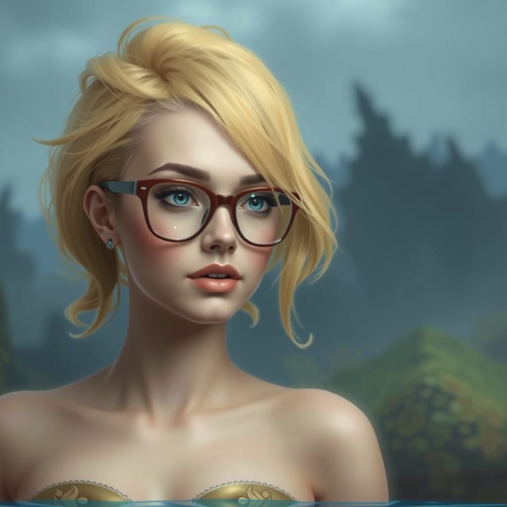 Blonde Woman with Glasses: Detailed Matte Painting