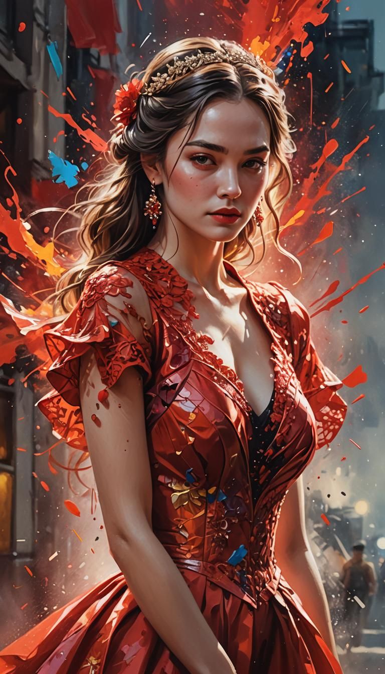 Lady in Red Dress: Hyperrealistic Splash Art