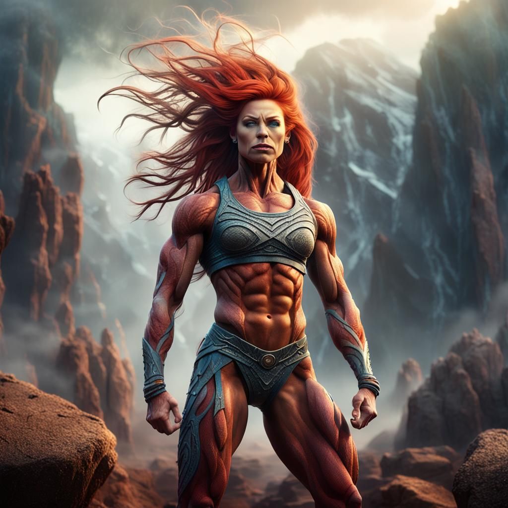 Red-Haired Bodybuilder Flexing in Mythical Landscape