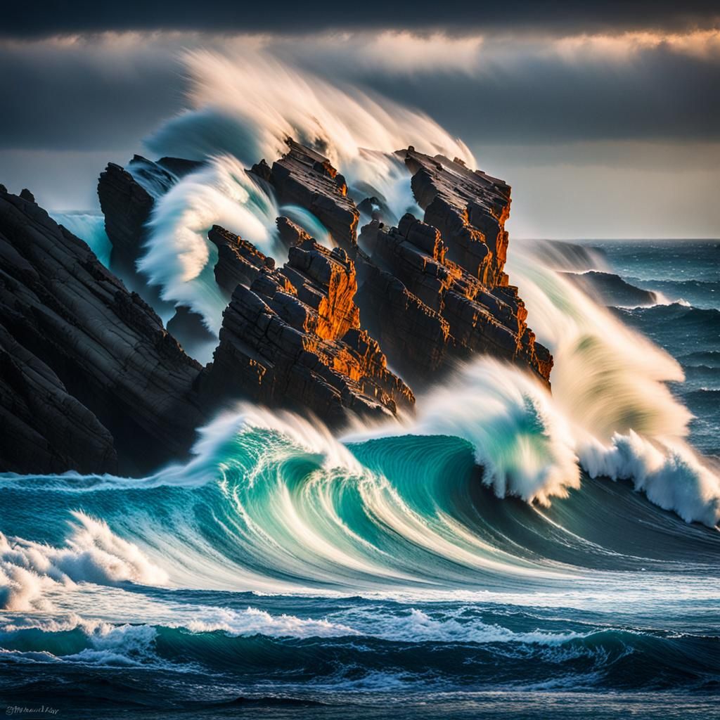 Ocean Waves Crashing Against Cliffs: Breathtaking Photograph...