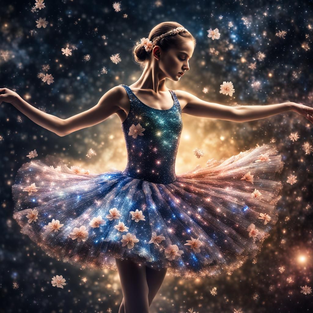 Ballerina in Galaxy Dress: Hyperrealistic Space Art
