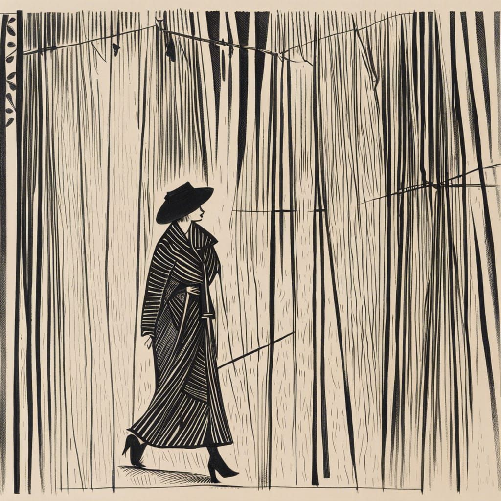 Abstract Woman Walking in Rain, Picasso Style