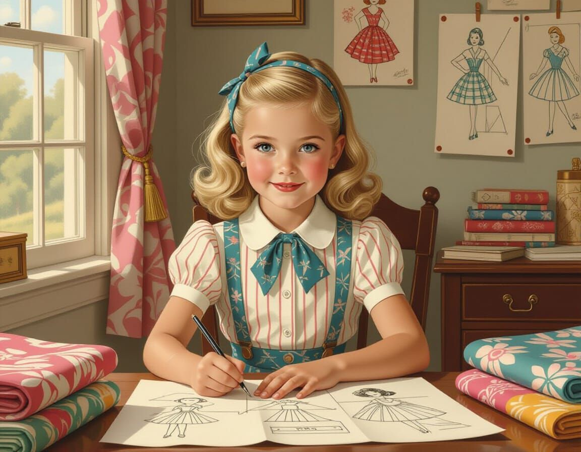 Vintage-Style Little Girl Fashion Designer at Work