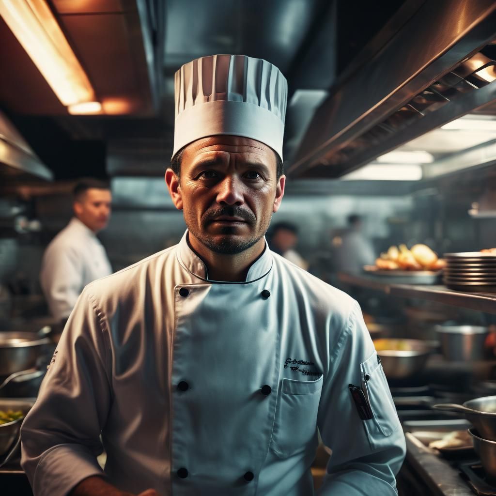 Realistic Chef Portrait in Busy Restaurant with Neon Lights