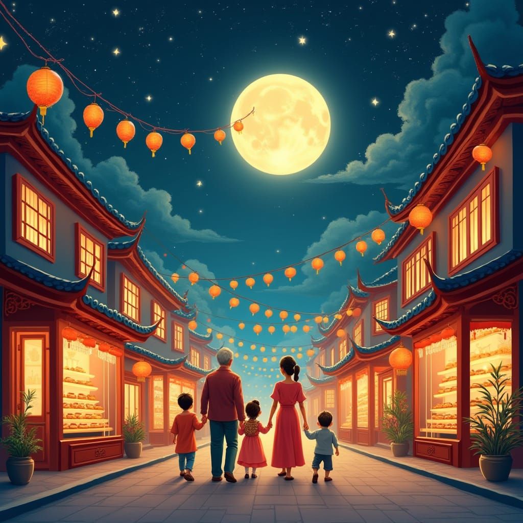 Joyful Family Stroll Under Starry Sky with Moon and Lanterns