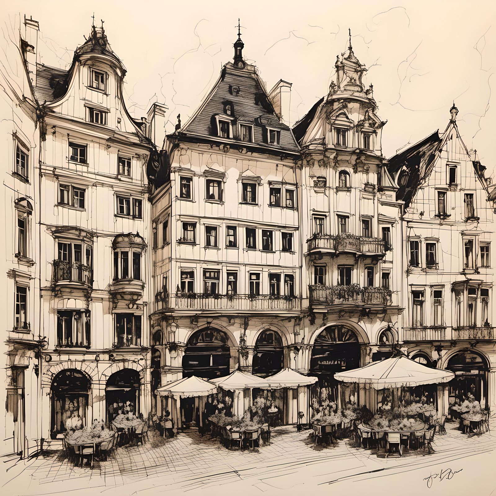 Frankfurt Architectural Sketch in Black Ink and Gouache