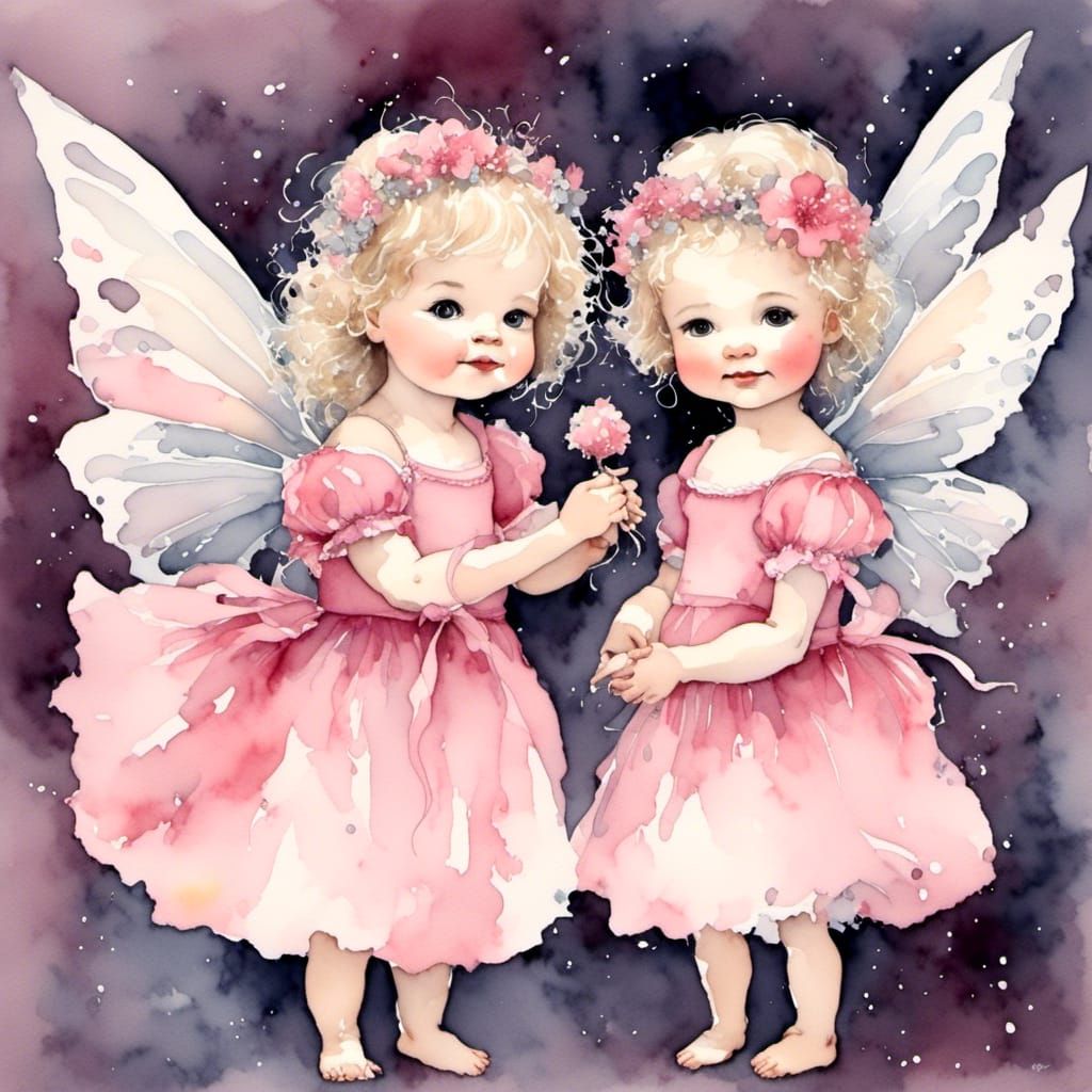 Watercolor Painting of Twin Baby Fairies with Rattles