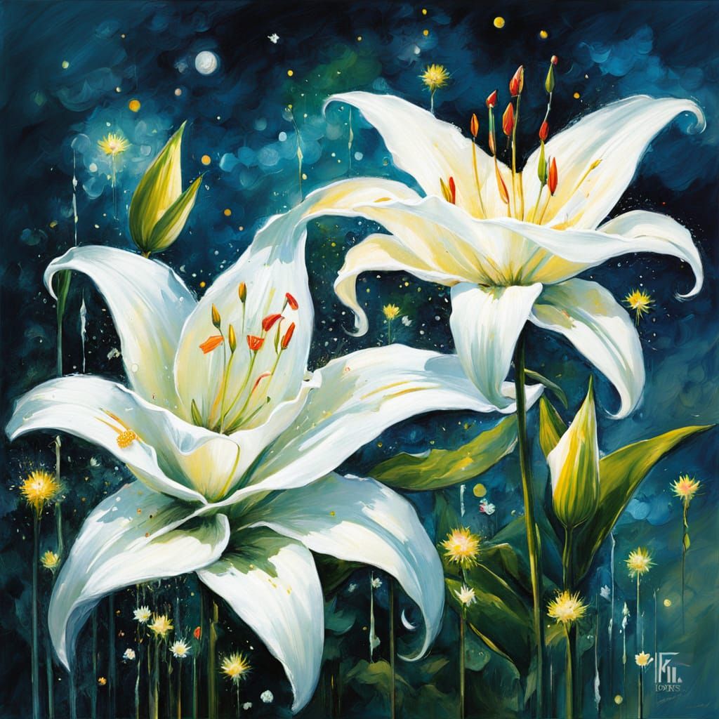 Celestial Garden Fairies Dancing on White Lilies Under Moonl...