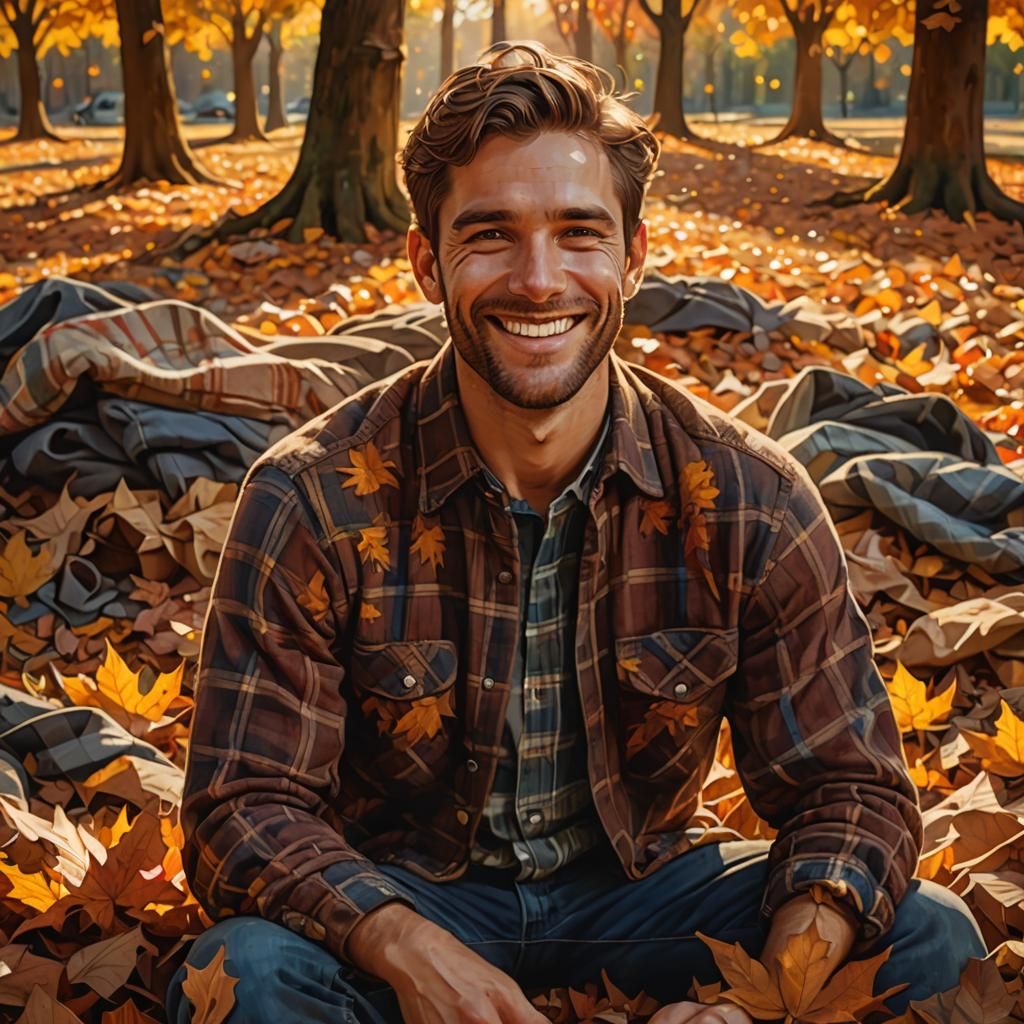 Handsome Man in Autumn Leaves: Hyperrealistic Concept Art