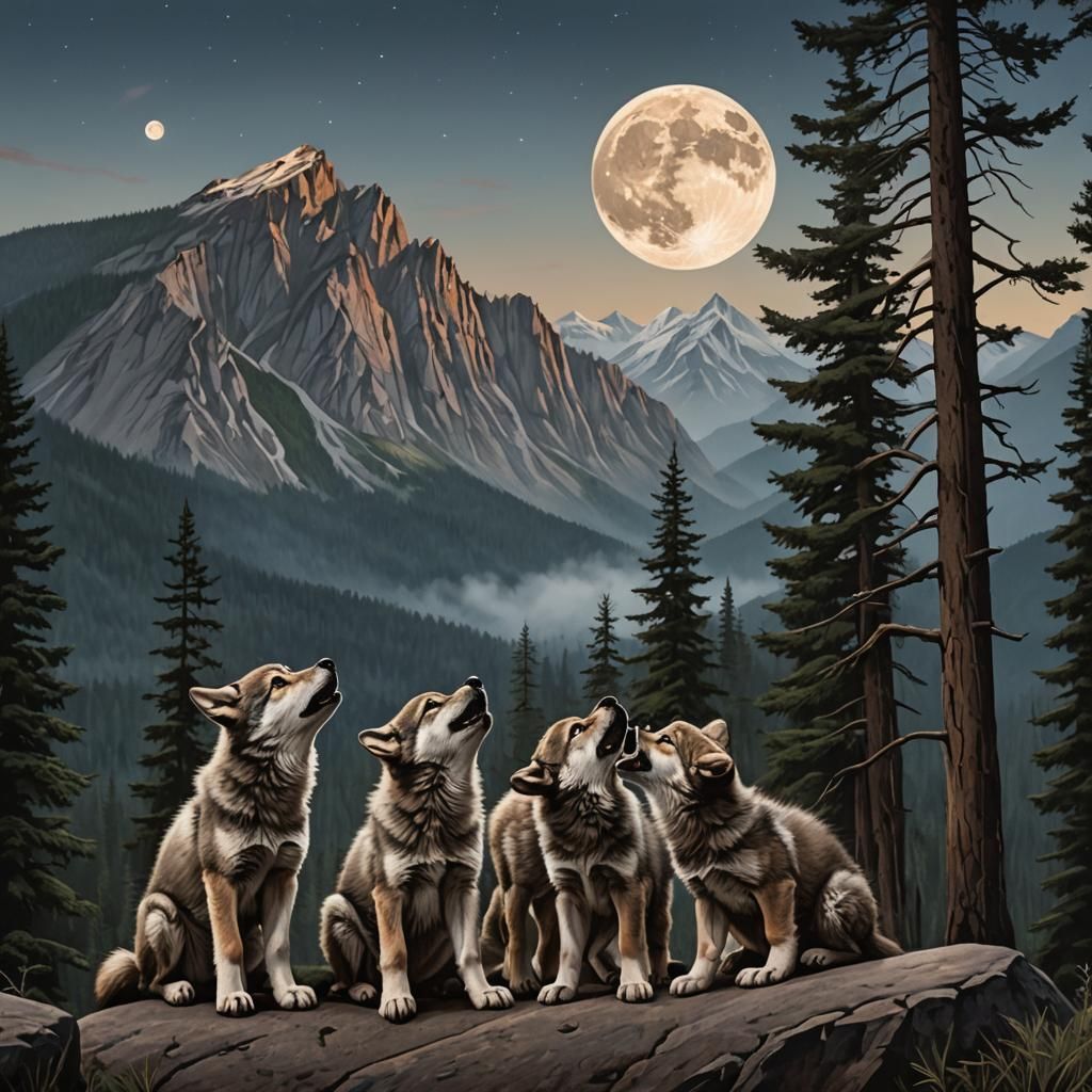 Wolf Puppies Howling at Moon in Mountain Landscape