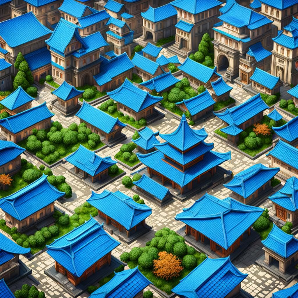 Isometric Futuristic Town with Blue Roofs in 8K