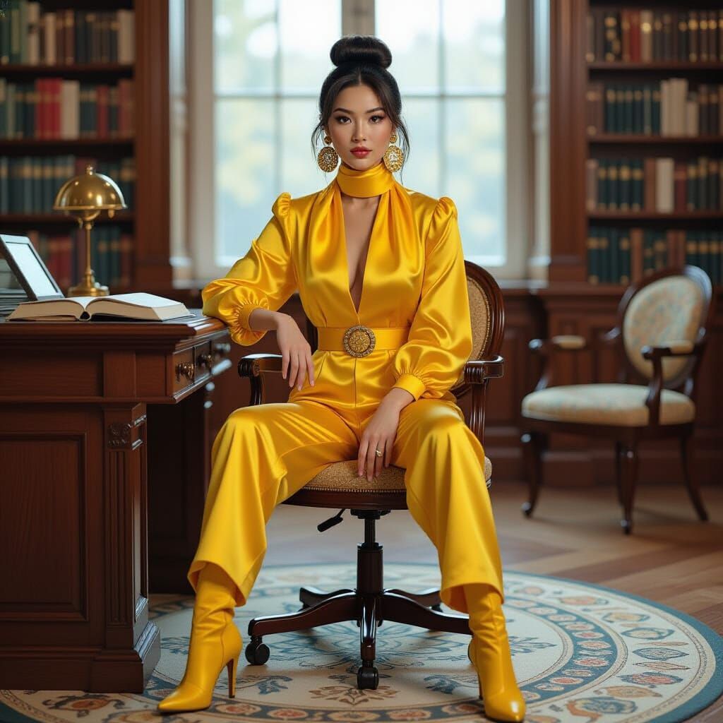 Asian Woman in Yellow Jumpsuit, Realistic Art Nouveau Style