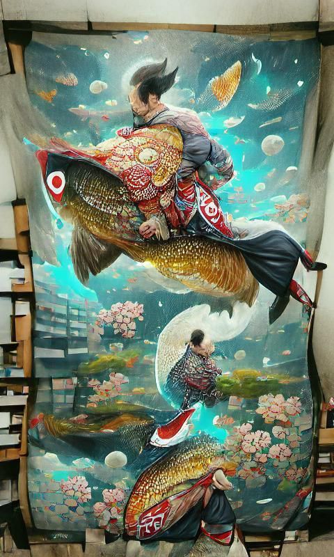 Kimono Man Rides Giant Fish: Artstation Painting