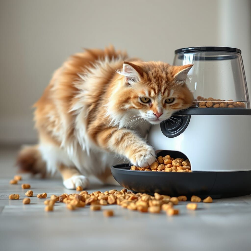 Fluffy Cat Pawing Food Dispenser in Sharp Focus