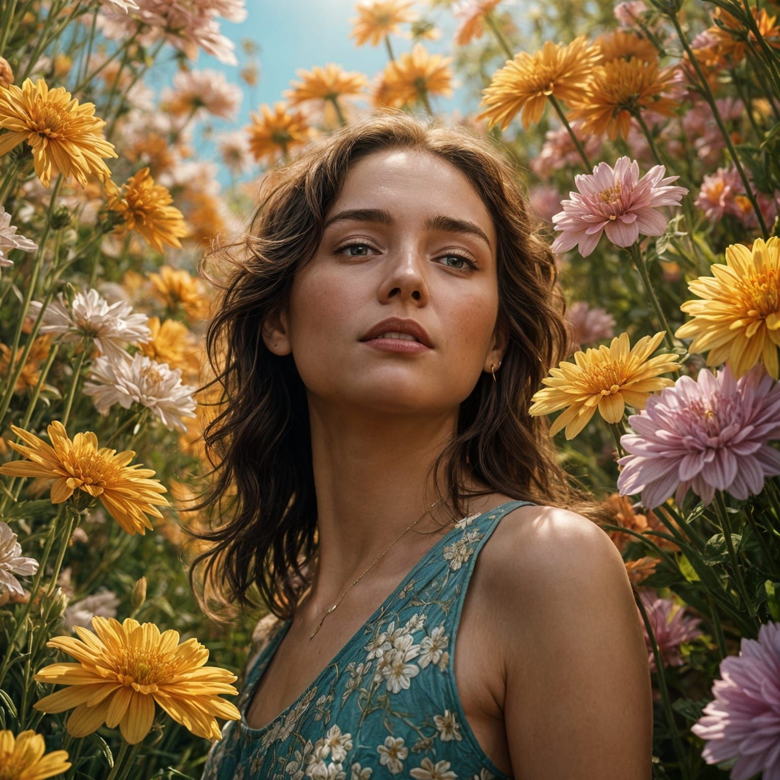 Hyperrealistic Beauty in a Floral Paradise