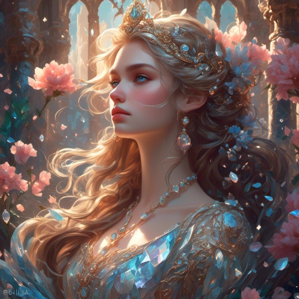 Swan Princess Portrait with Pearl Castle at Twilight