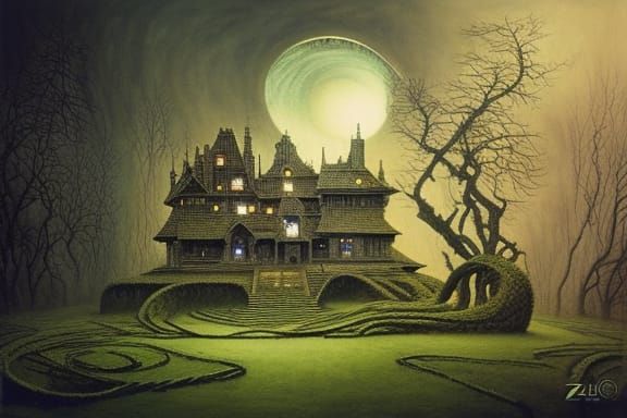 Haunted Maze House with Ghosts, Dark Surrealist Art