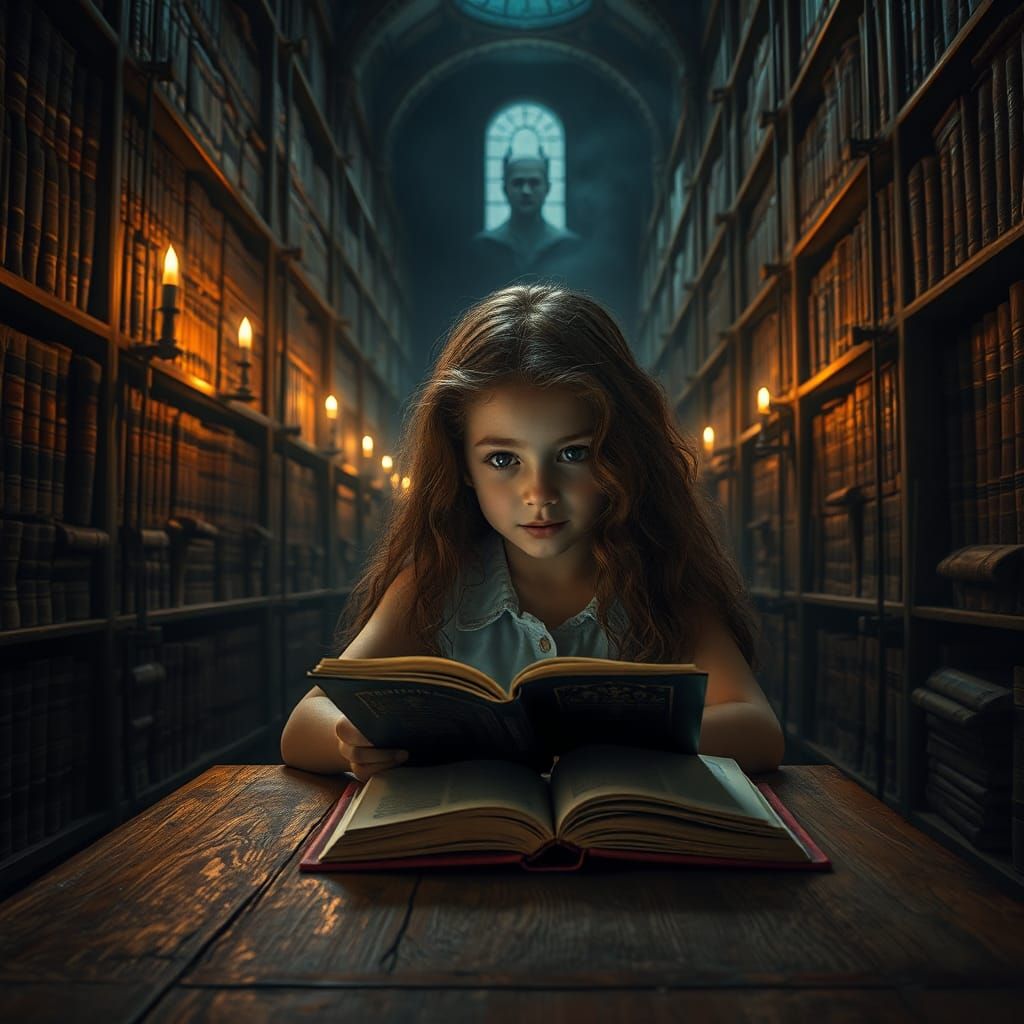 Girl Reading in Eerie Library, Dark Mystical Realism