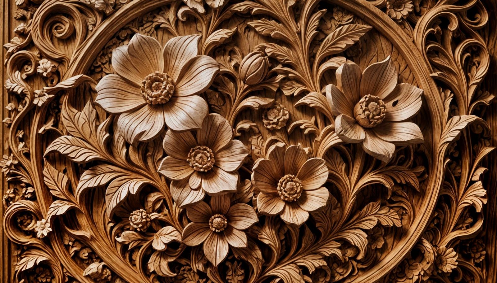 Detailed Wood Carving of Beautiful Flowers