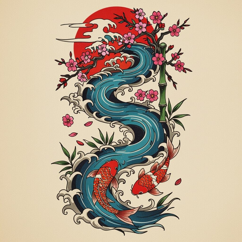Neo-Japanese Tattoo Design: River and Koi