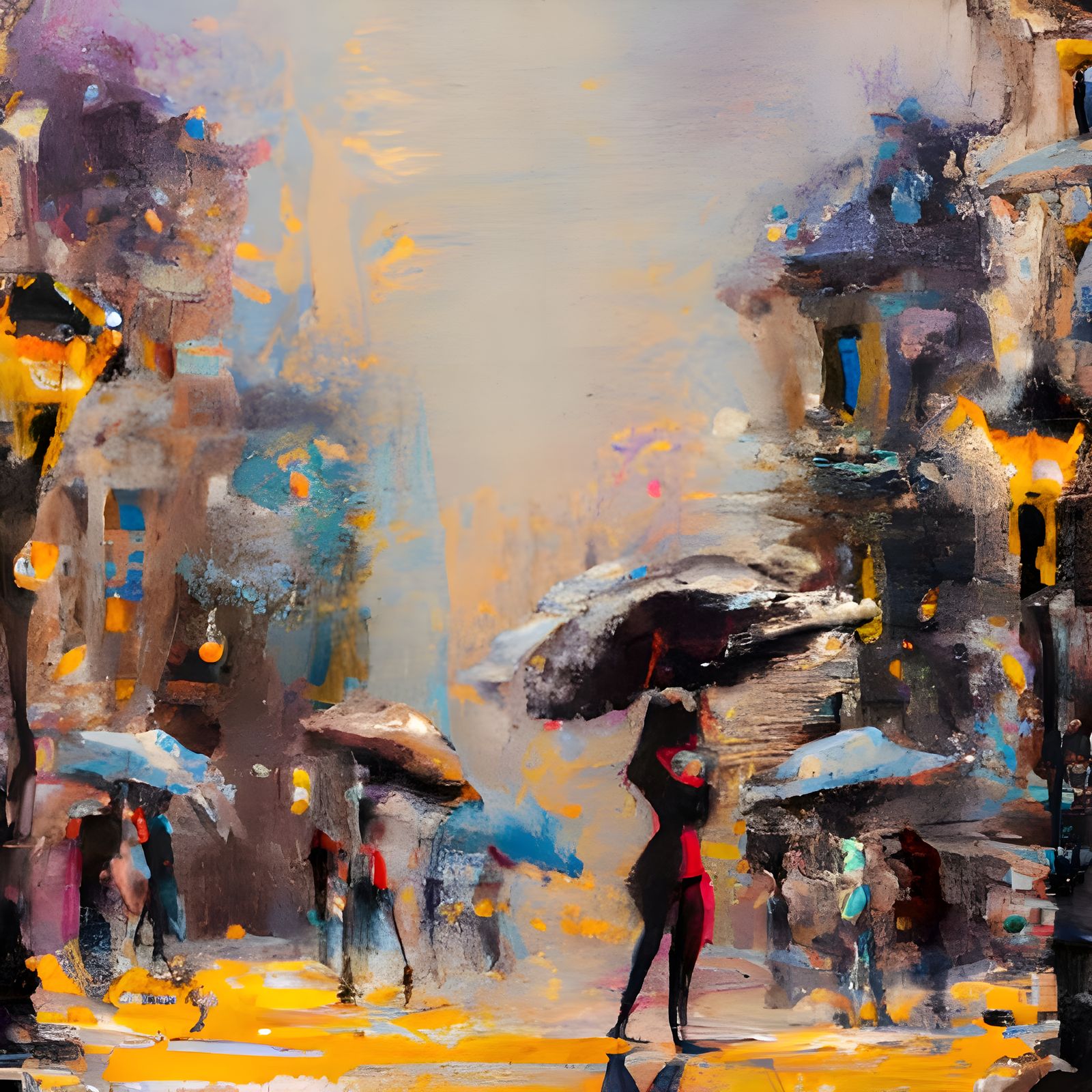Rainy City Street with Colorful Umbrellas