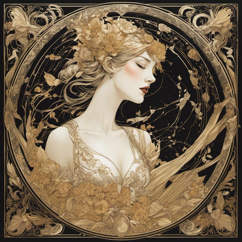 Kintsugi Art: Burlesque Vixen in Art Nouveau Style