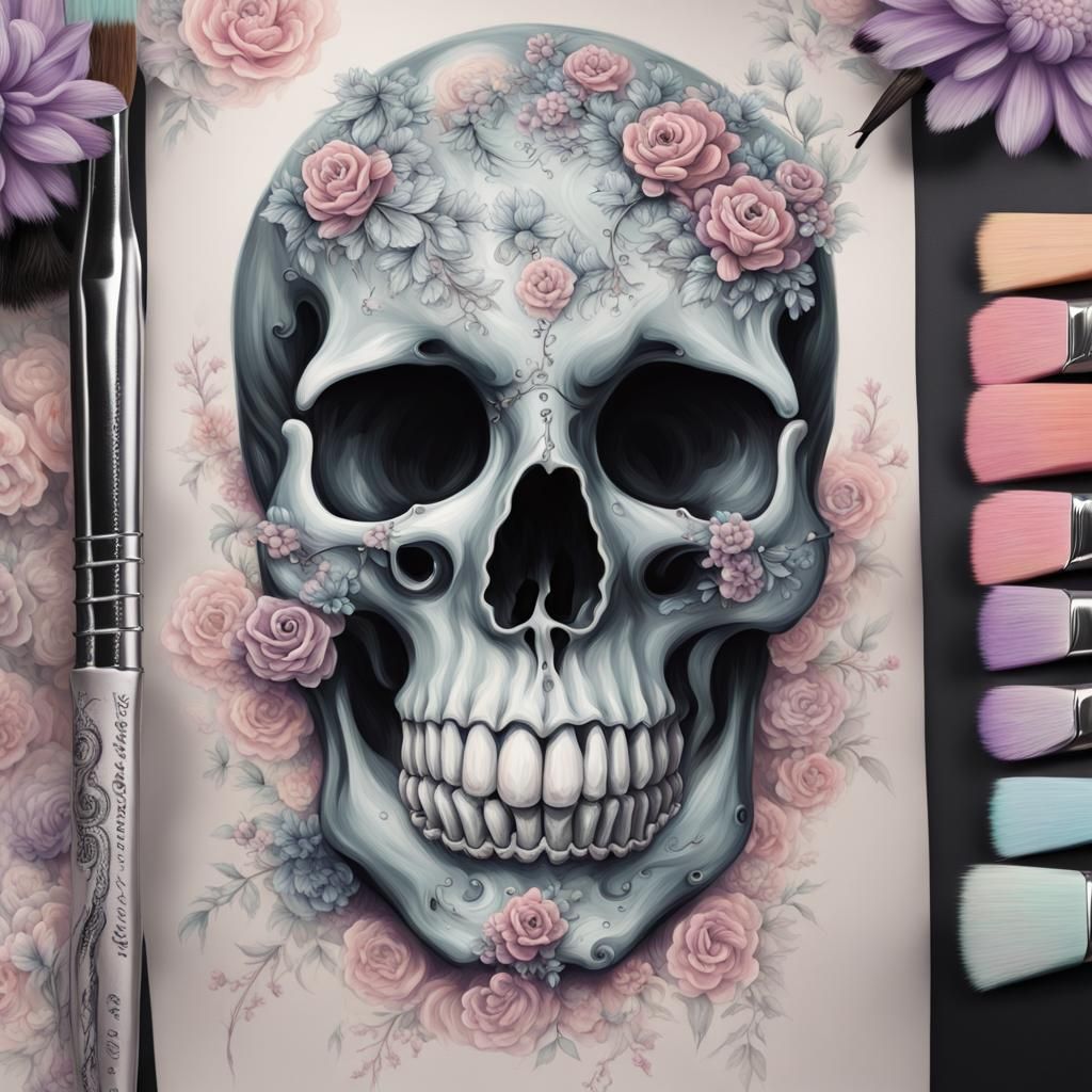 Pastel Goth Skull Art with Anemones
