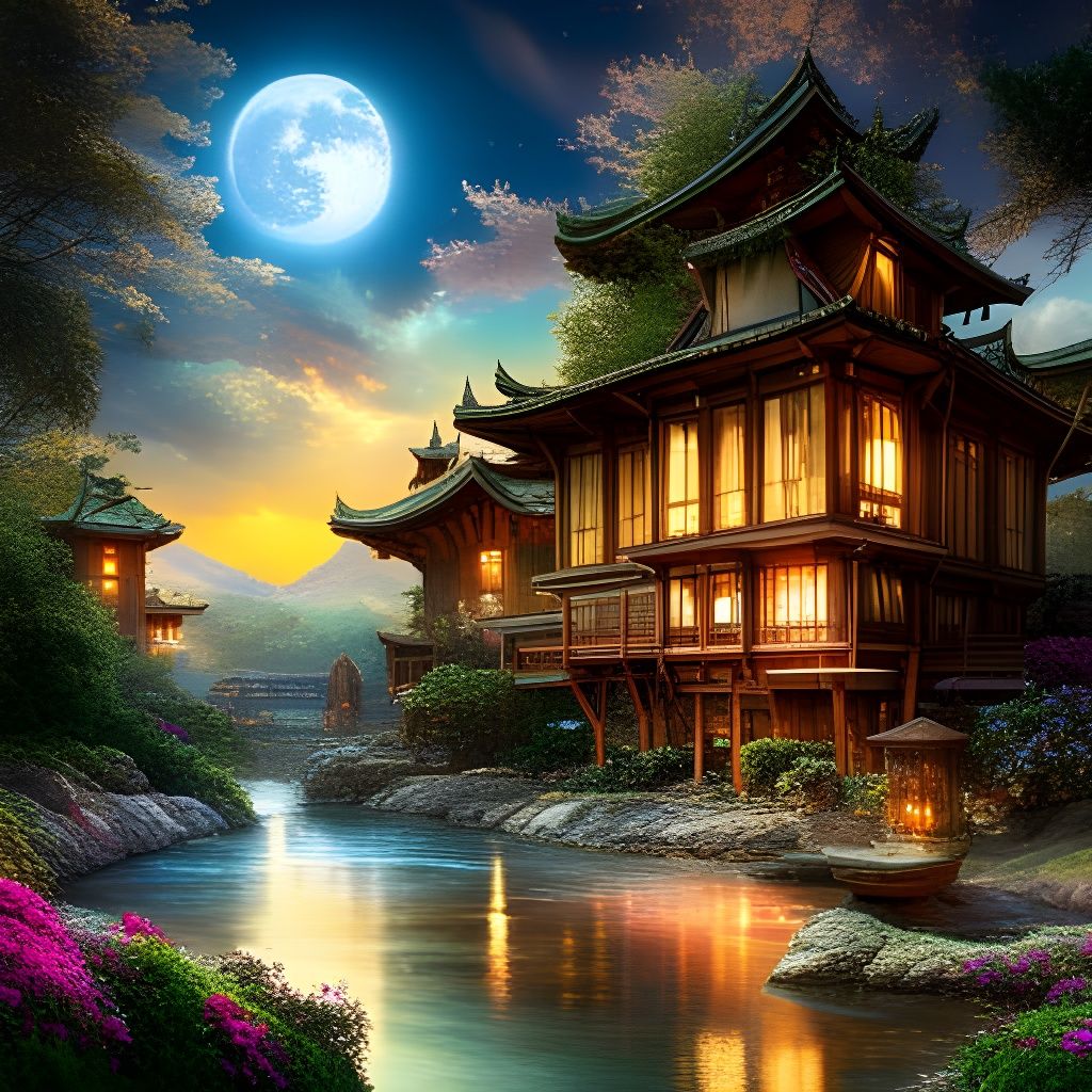 Japanese Onsen Village Under Moonlight