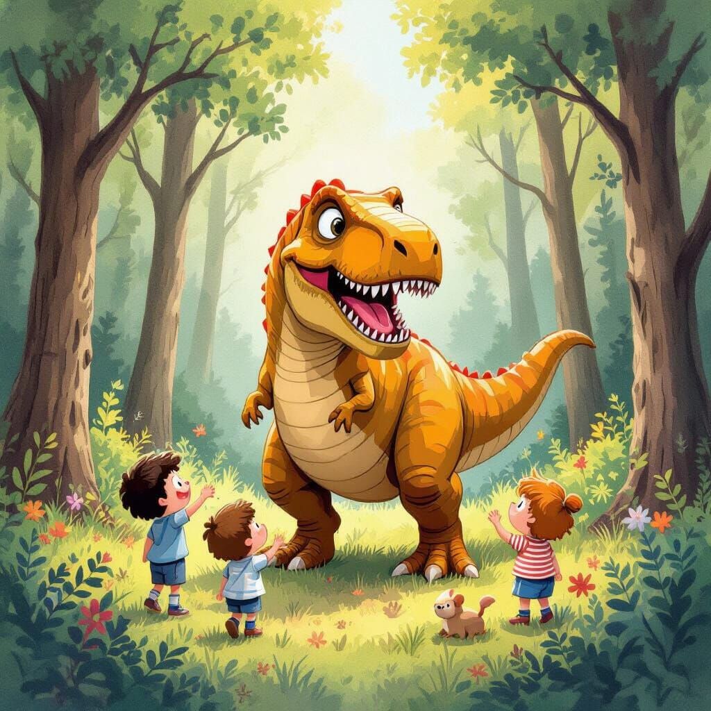 Friendly T-Rex Playing with Children in Lush Forest