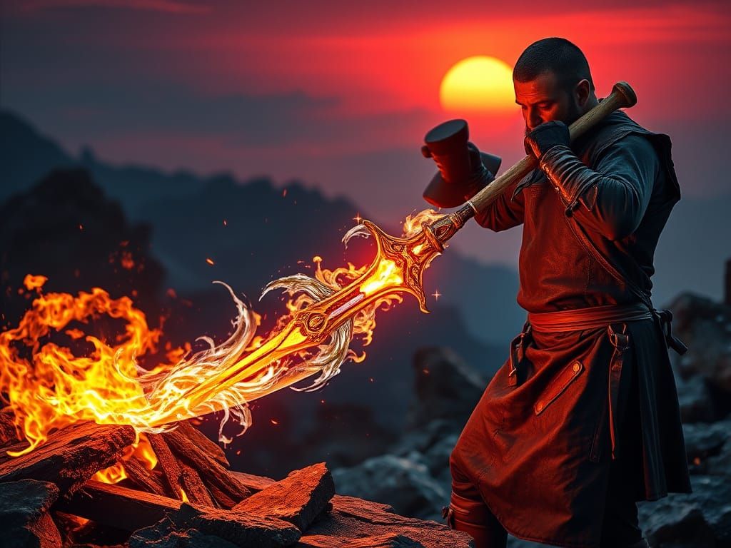 Cyberpunk Blacksmith Forges Elemental Sword in Enchanted For...
