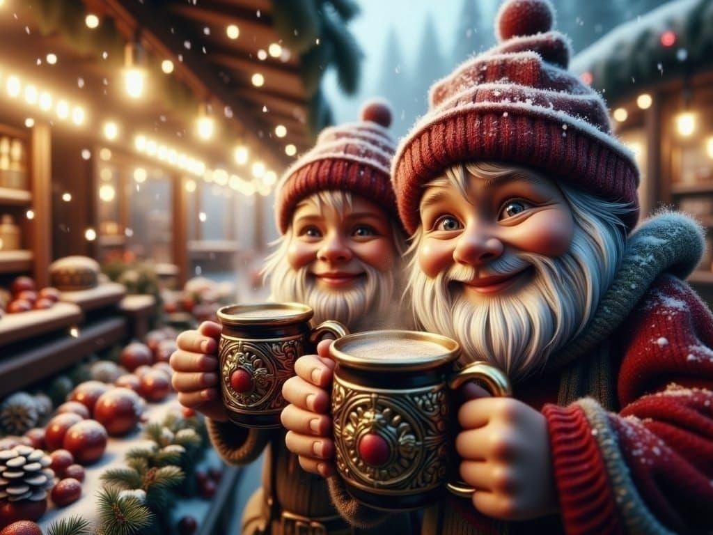 Merry Dwarves Savor Warm Mulled Wine at Christmas Market