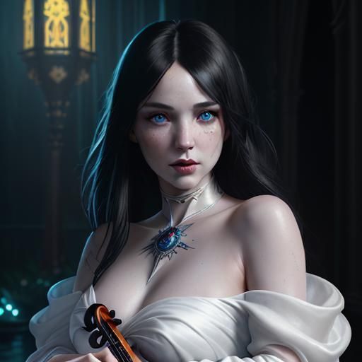 Vampire Violinist in Greenhouse, Dark Fantasy Concept Art