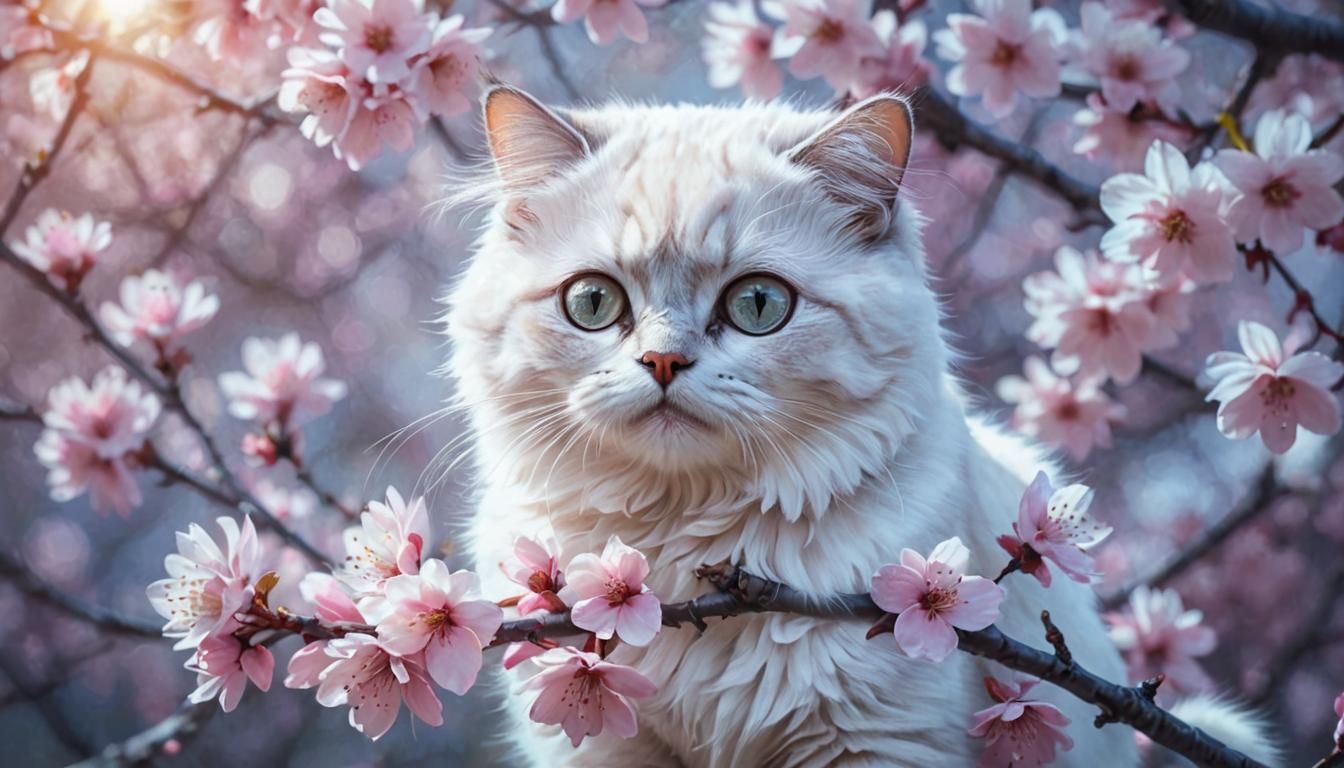 Cat in Cherry Blossoms, Impressionist Digital Art