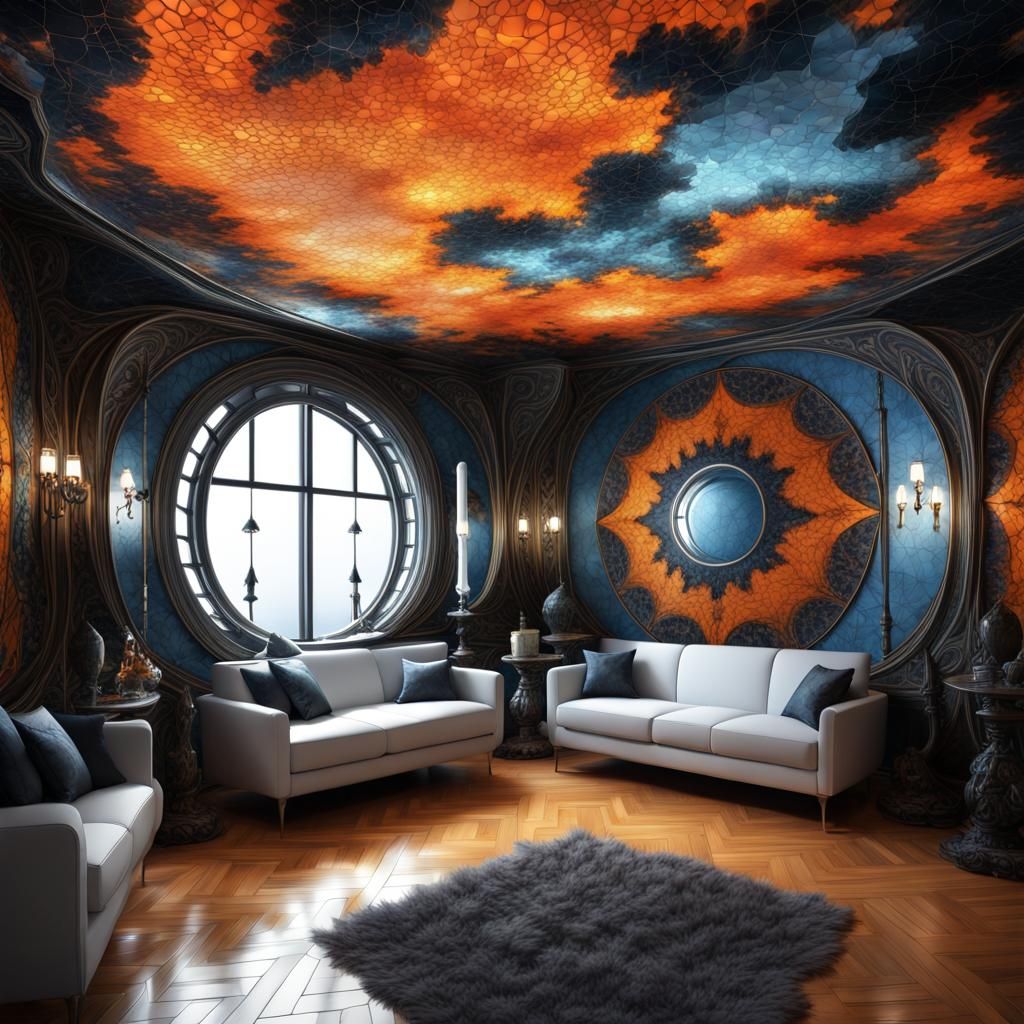 Fractal recrusive crystal mosaic cave livingroom