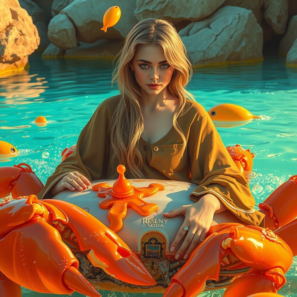 Dreamy Woman on Gummy Crab in Soda Sea