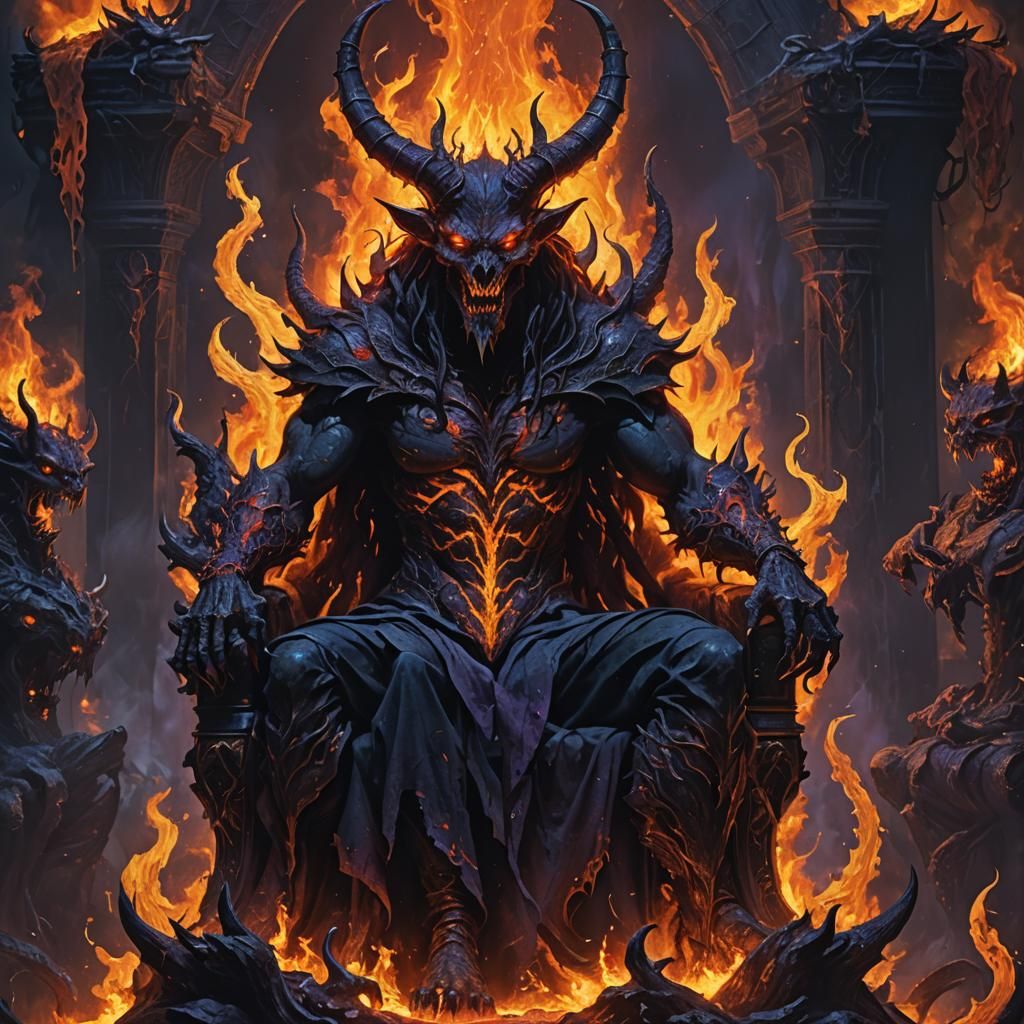 Dark Fantasy Demon Sits Upon Twisted Throne of Nightmarish P...
