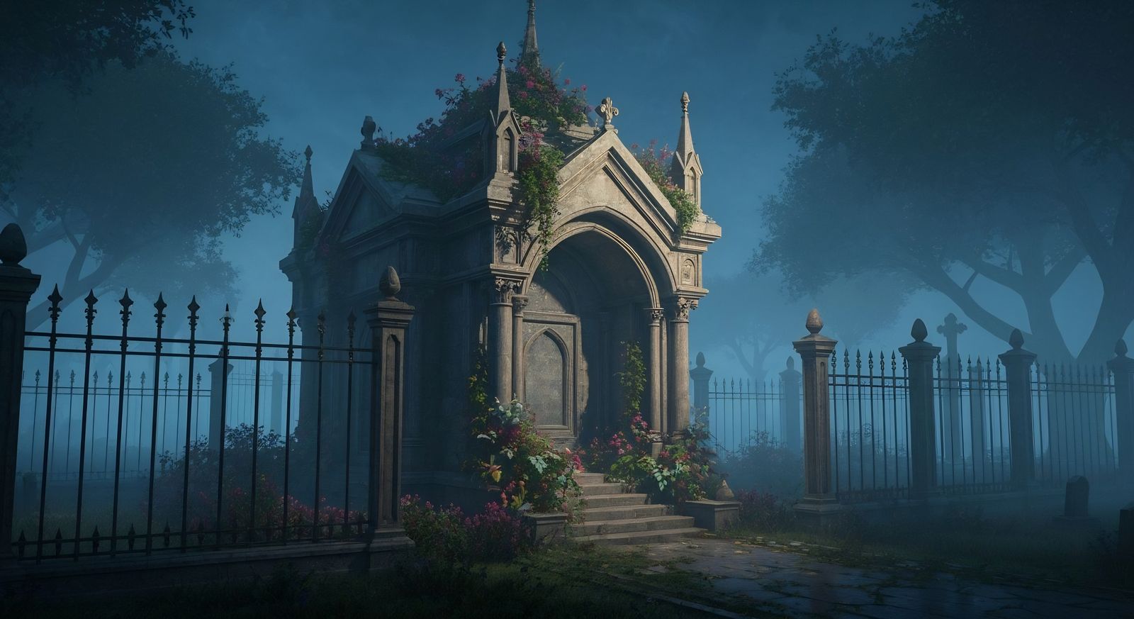 Gothic Mausoleum in Cemetery at Midnight