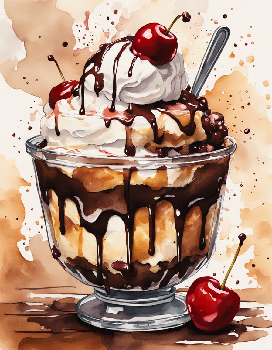 Whimsical Watercolor Hot Fudge Sundae in a Cozy Dessert Shop