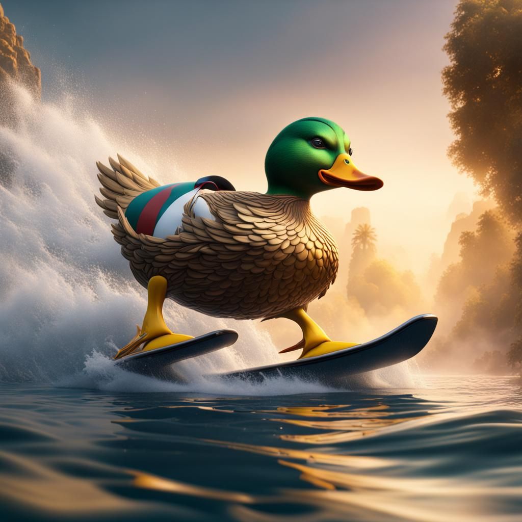 Duck Water Skiing: Detailed Fantasy Concept Art