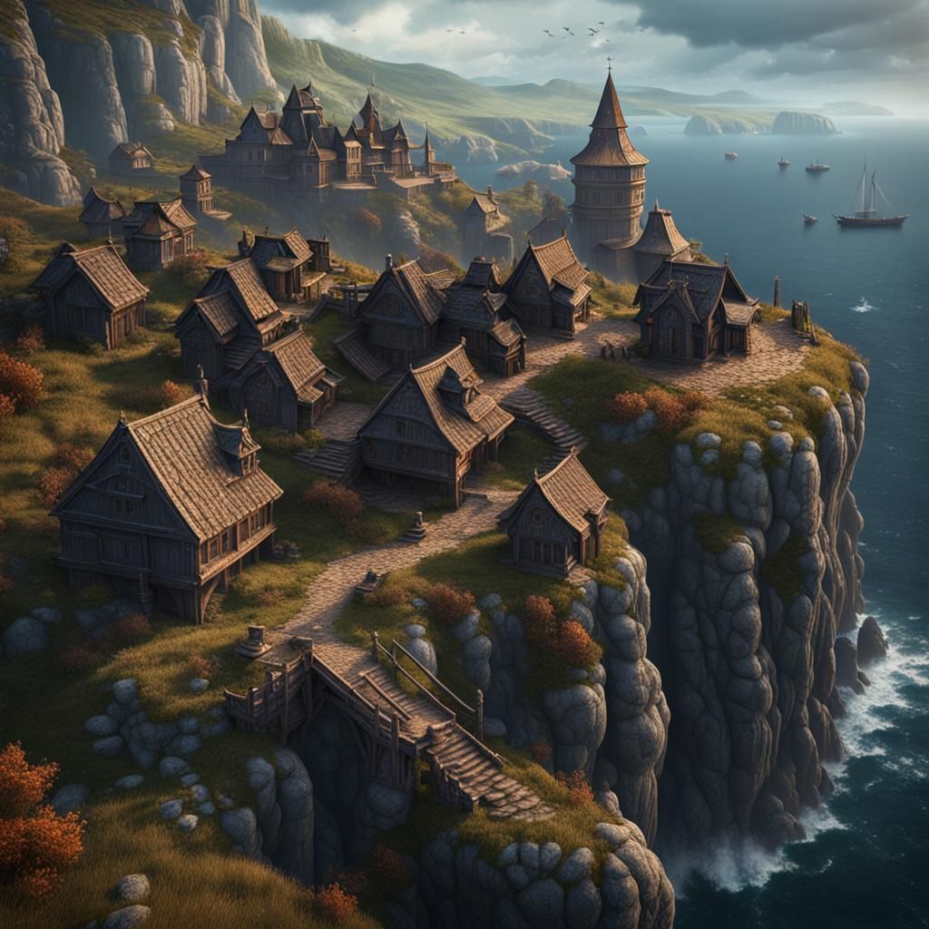 Isolated Medieval Village in Dark Fantasy Style