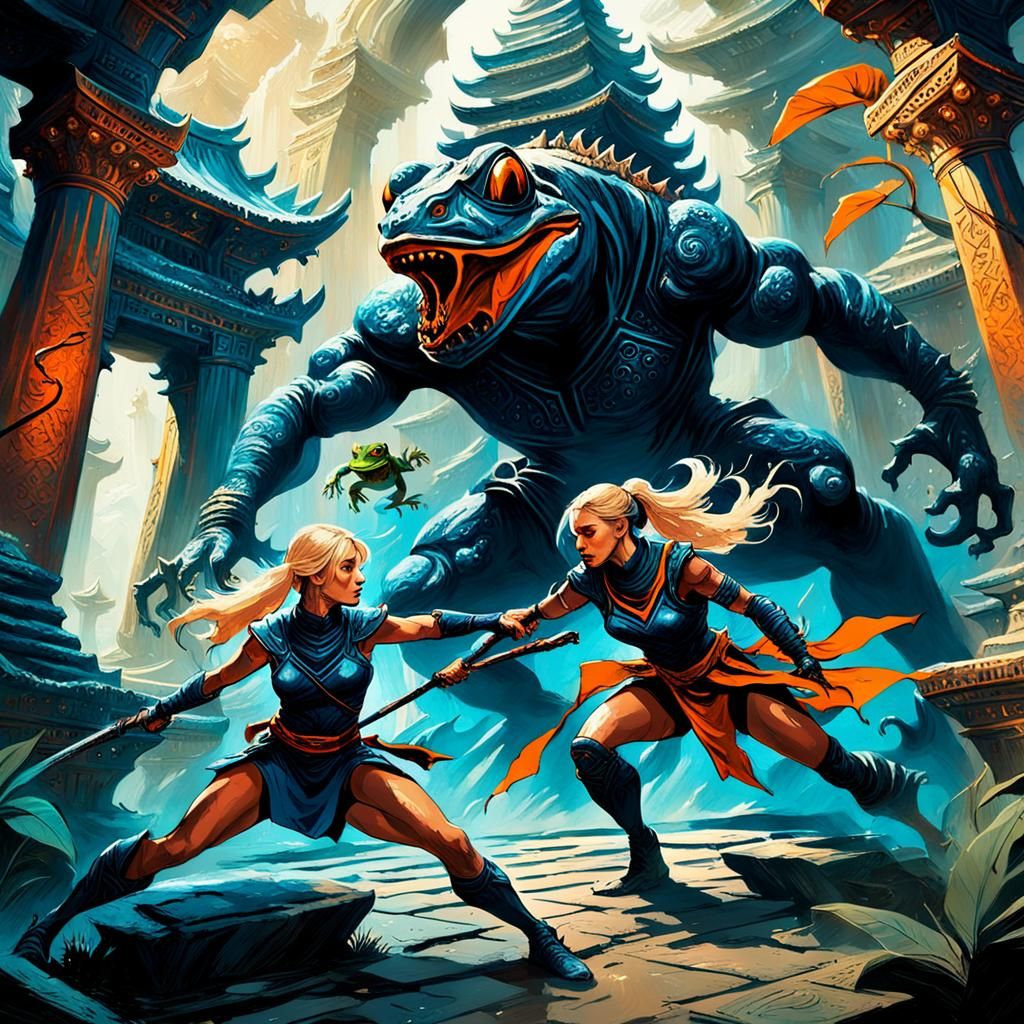 Ninja Warrior Versus Alien Frog in Fantasy Temple
