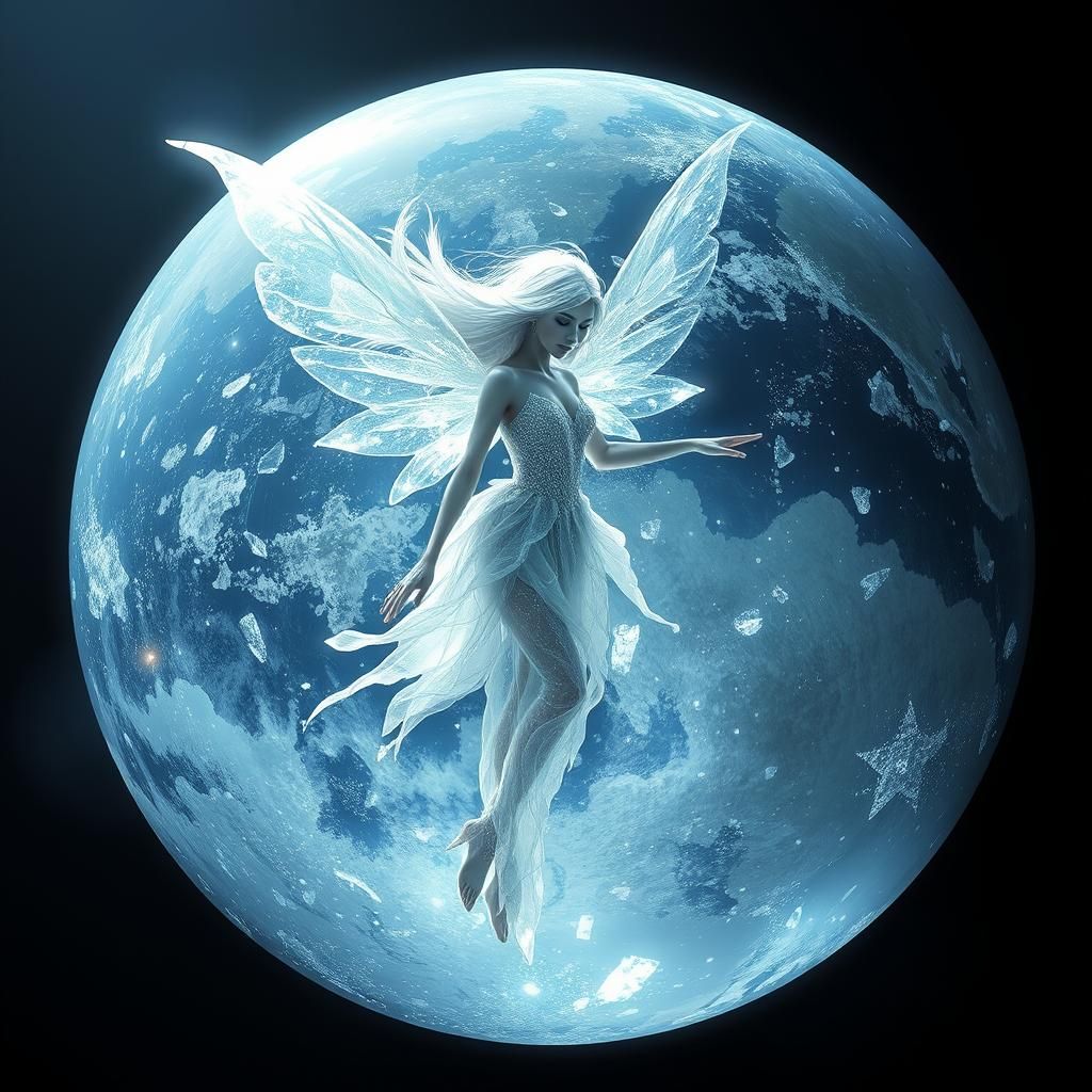 a double exposure of the earth, inside the earth is a beautiful ice fairy